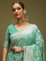 VANAYA-Elegant Aqua Green Silver Zari Weave Saree with Royal Heritage Pallu