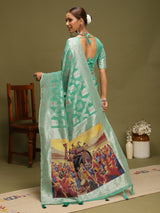 VANAYA-Elegant Aqua Green Silver Zari Weave Saree with Royal Heritage Pallu