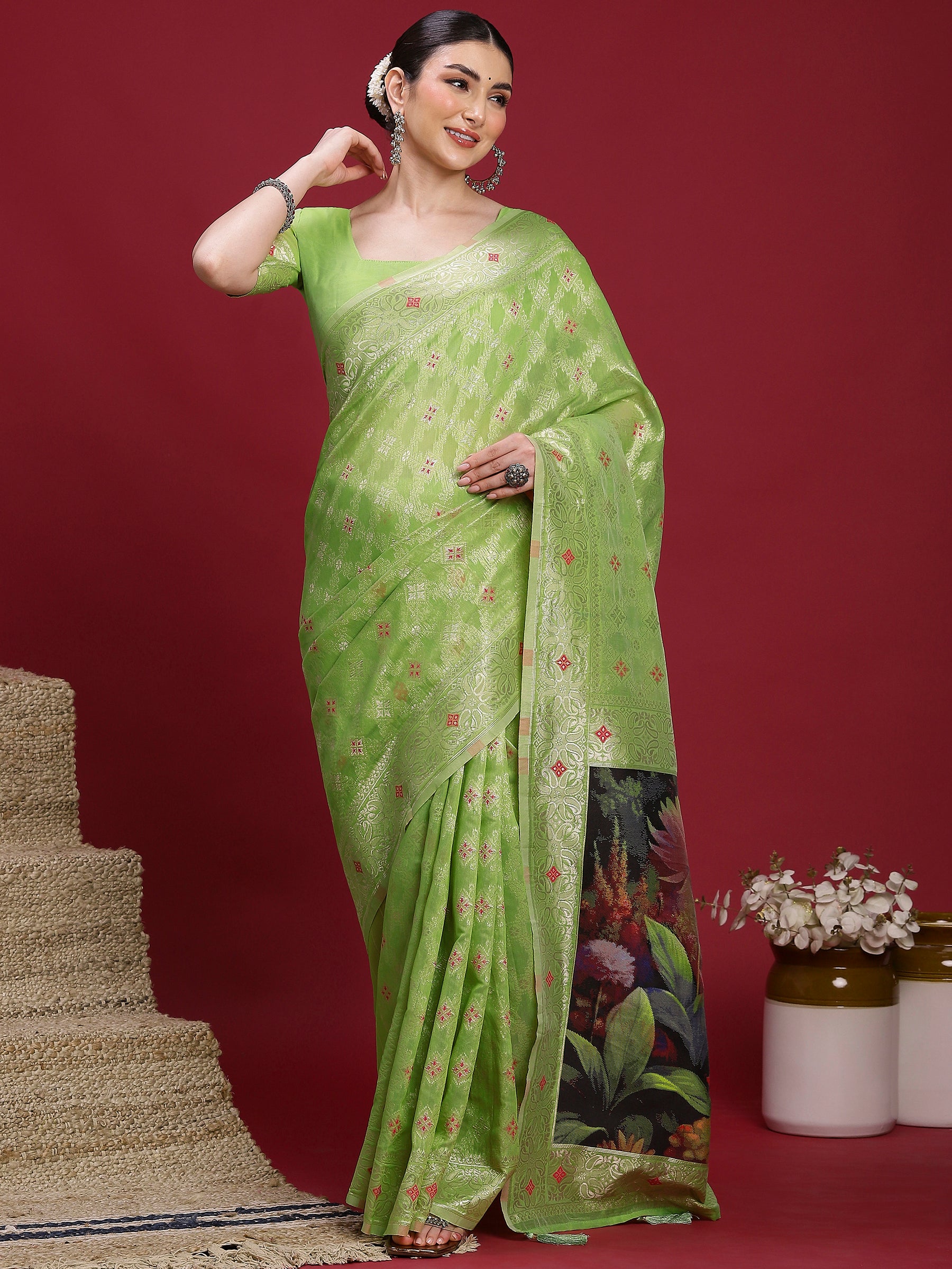 VANAYA Pistachio Bloom Artistic Saree