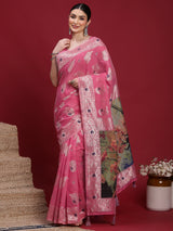 VANAYA-Royal Rani Pink Silver Zari Saree with Floral Heritage Pallu Tassels