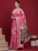 VANAYA-Royal Rani Pink Silver Zari Saree with Floral Heritage Pallu Tassels