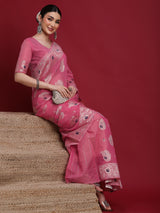 VANAYA-Royal Rani Pink Silver Zari Saree with Floral Heritage Pallu Tassels