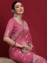 VANAYA-Royal Rani Pink Silver Zari Saree with Floral Heritage Pallu Tassels