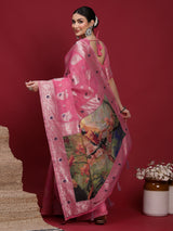 VANAYA-Royal Rani Pink Silver Zari Saree with Floral Heritage Pallu Tassels