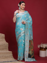 VANAYA-Elegant Aqua Blue Silver Zari Saree with Floral Heritage Pallu Tassels