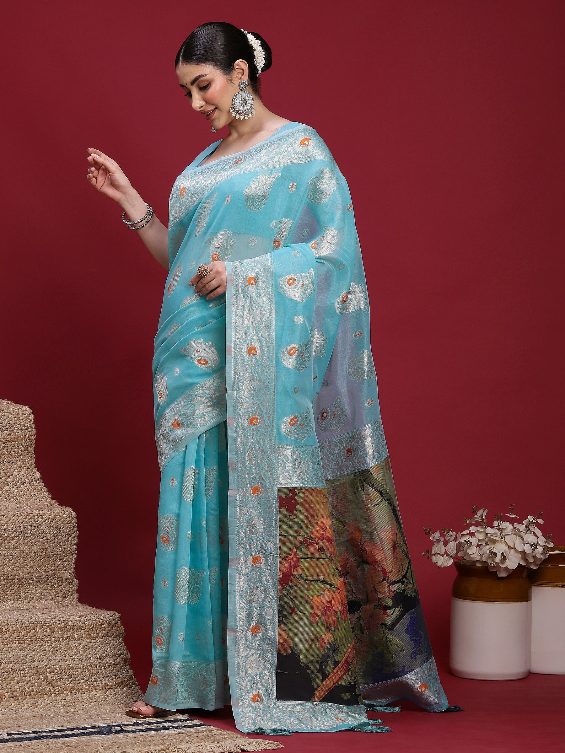 VANAYA-Elegant Aqua Blue Silver Zari Saree with Floral Heritage Pallu Tassels