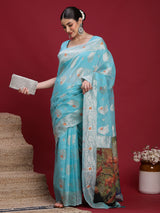 VANAYA-Elegant Aqua Blue Silver Zari Saree with Floral Heritage Pallu Tassels