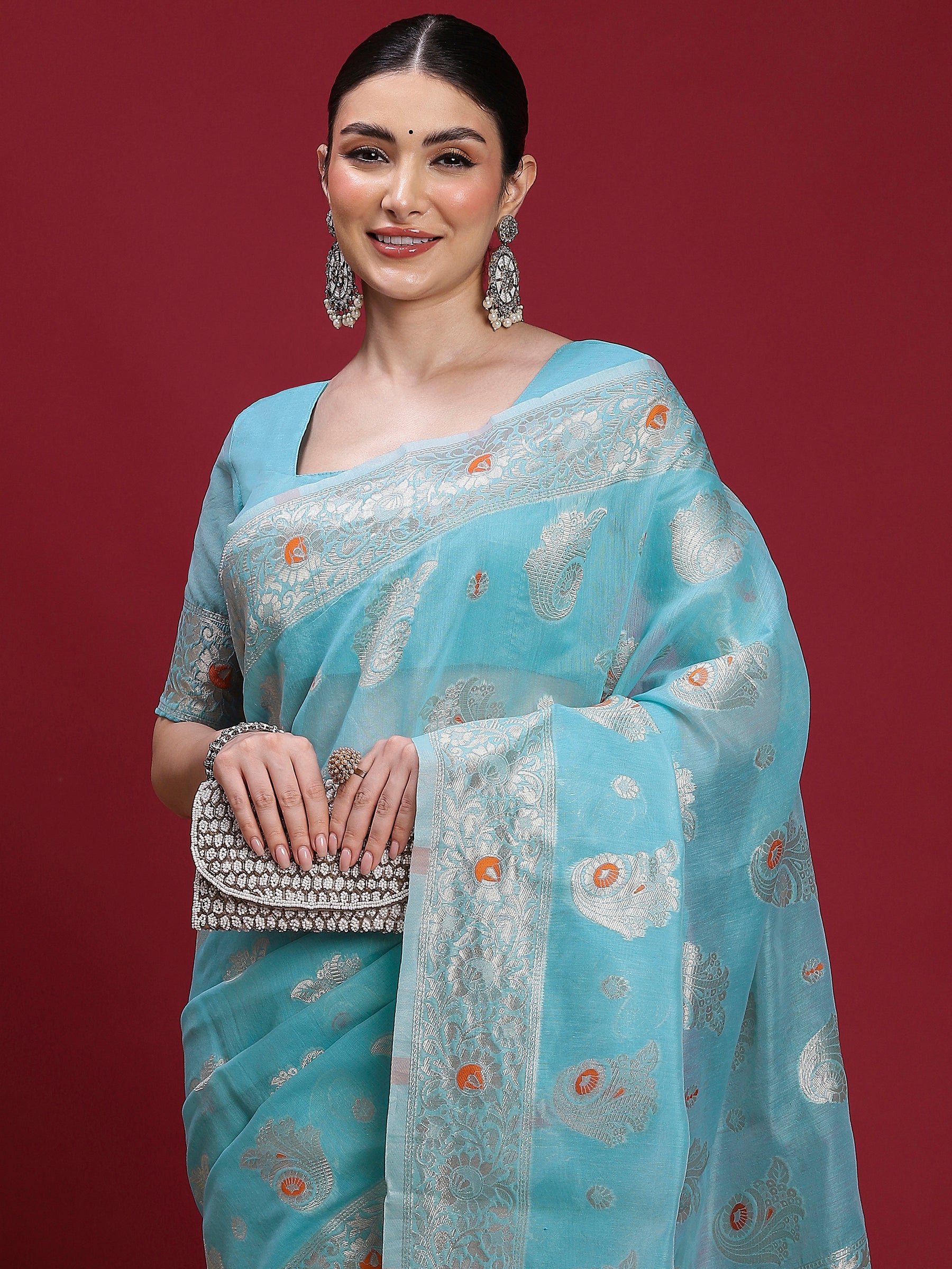 VANAYA-Elegant Aqua Blue Silver Zari Saree with Floral Heritage Pallu Tassels