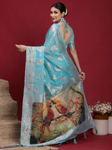 VANAYA-Elegant Aqua Blue Silver Zari Saree with Floral Heritage Pallu Tassels