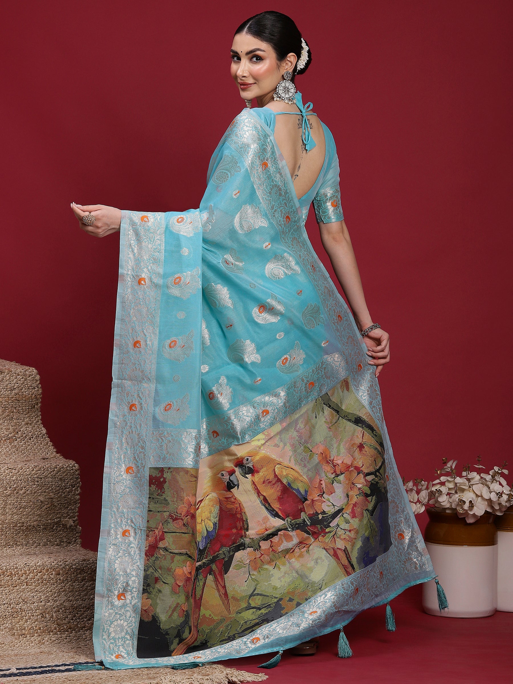 VANAYA-Elegant Aqua Blue Silver Zari Saree with Floral Heritage Pallu Tassels