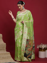 VANAYA-oyal Lime Green Silver Zari Saree with Floral Heritage Pallu Tassels