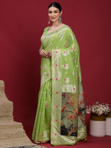 VANAYA-oyal Lime Green Silver Zari Saree with Floral Heritage Pallu Tassels