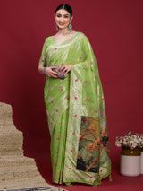 VANAYA-oyal Lime Green Silver Zari Saree with Floral Heritage Pallu Tassels