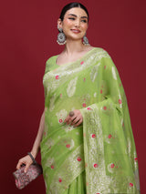 VANAYA-oyal Lime Green Silver Zari Saree with Floral Heritage Pallu Tassels