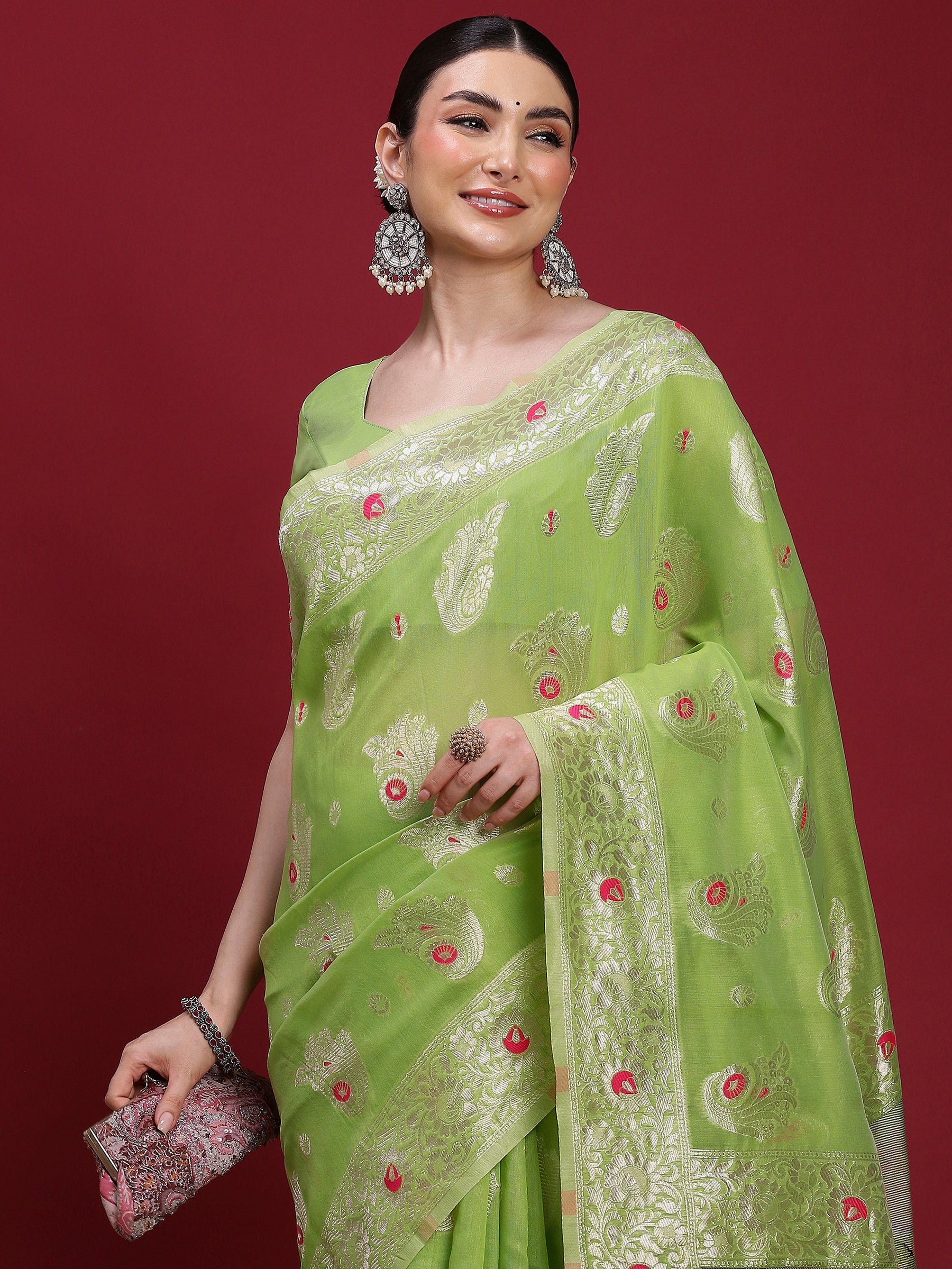 VANAYA-oyal Lime Green Silver Zari Saree with Floral Heritage Pallu Tassels