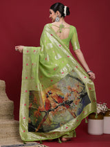 VANAYA-oyal Lime Green Silver Zari Saree with Floral Heritage Pallu Tassels