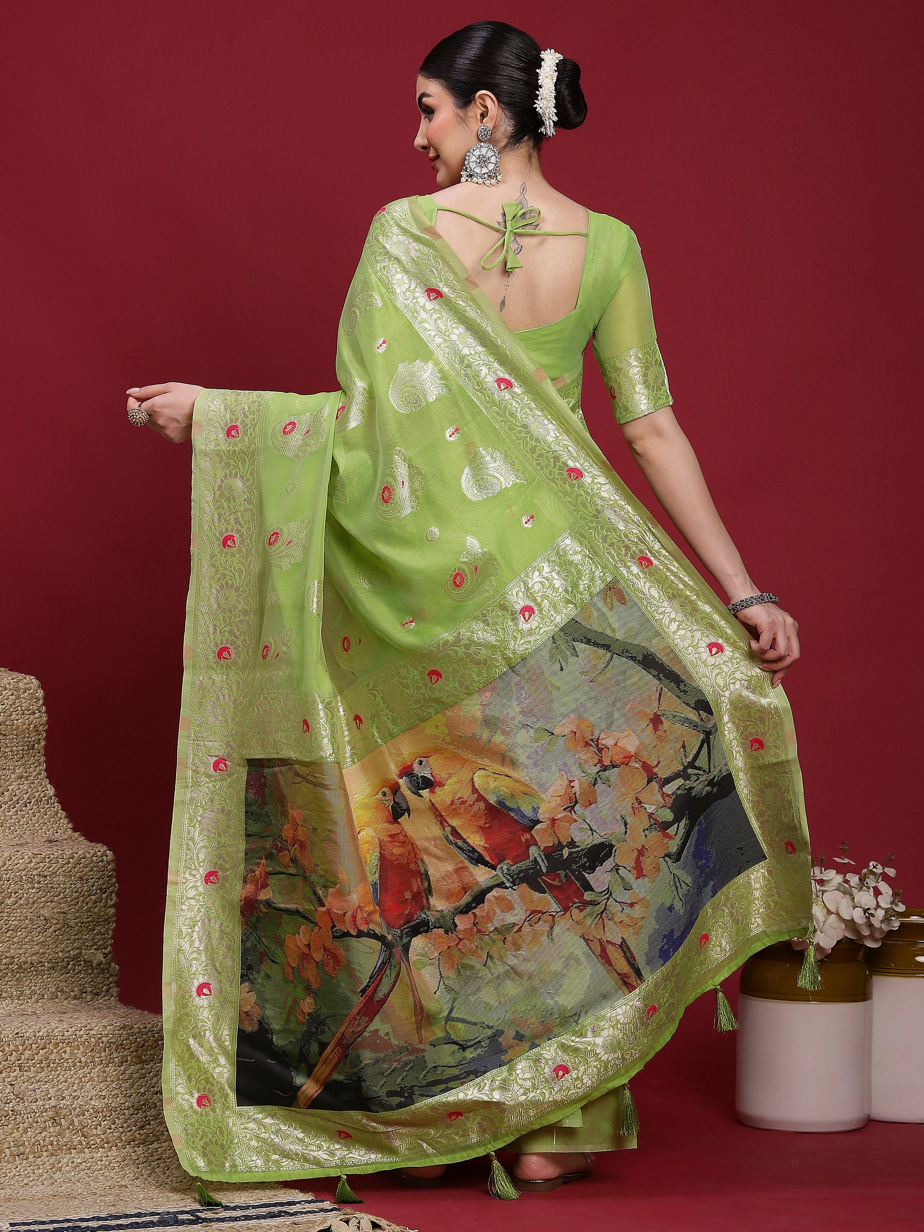 VANAYA-oyal Lime Green Silver Zari Saree with Floral Heritage Pallu Tassels