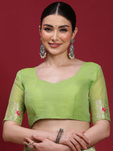 VANAYA-oyal Lime Green Silver Zari Saree with Floral Heritage Pallu Tassels