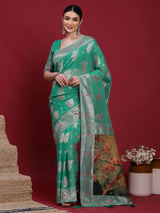 VANAYA-Elegant Emerald Green Silver Zari Saree with Floral Heritage Pallu Tassels