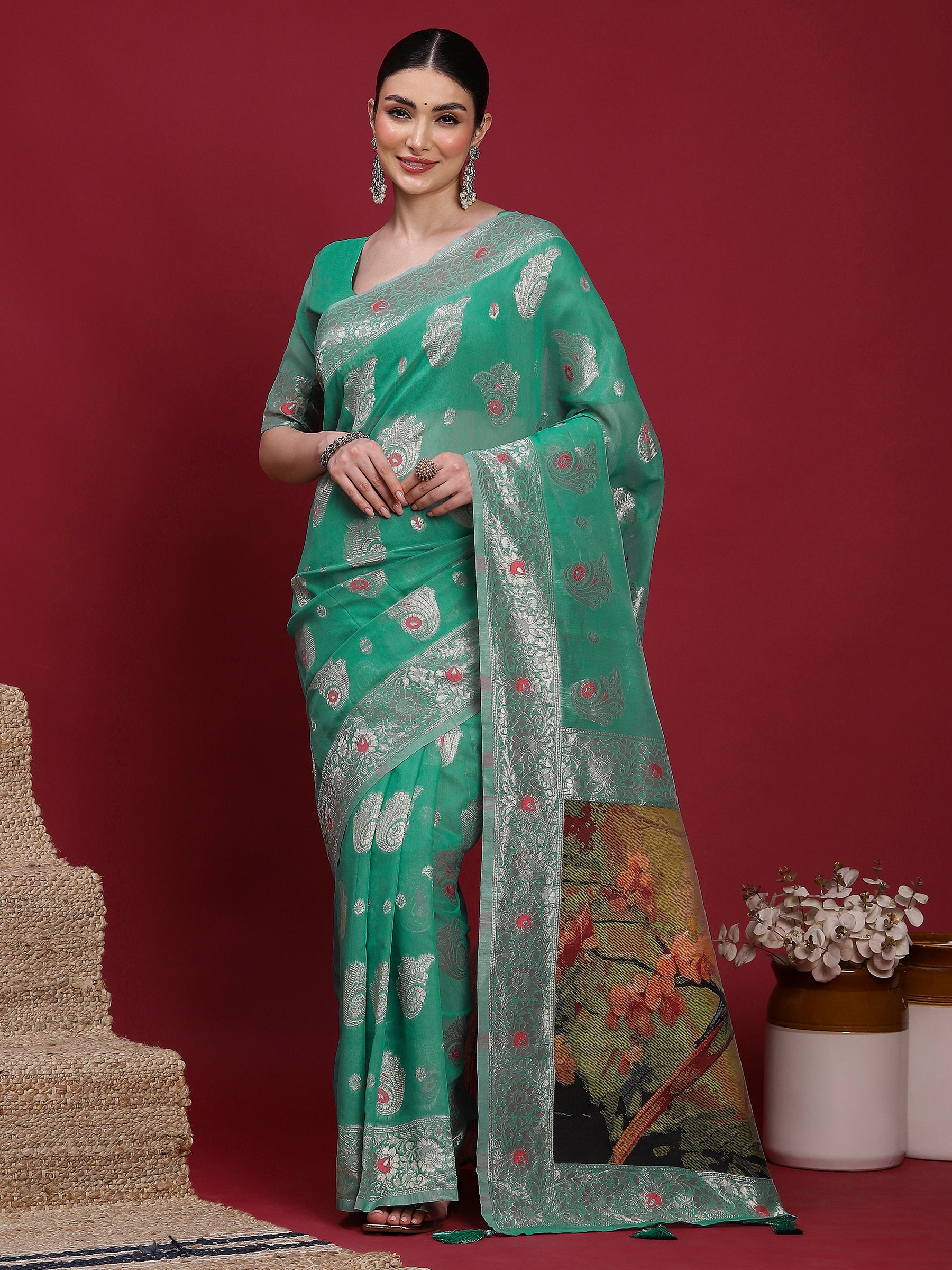 VANAYA-Elegant Emerald Green Silver Zari Saree with Floral Heritage Pallu Tassels