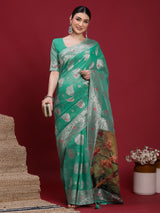VANAYA-Elegant Emerald Green Silver Zari Saree with Floral Heritage Pallu Tassels