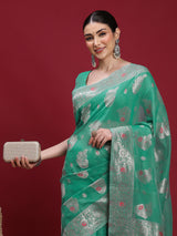 VANAYA-Elegant Emerald Green Silver Zari Saree with Floral Heritage Pallu Tassels