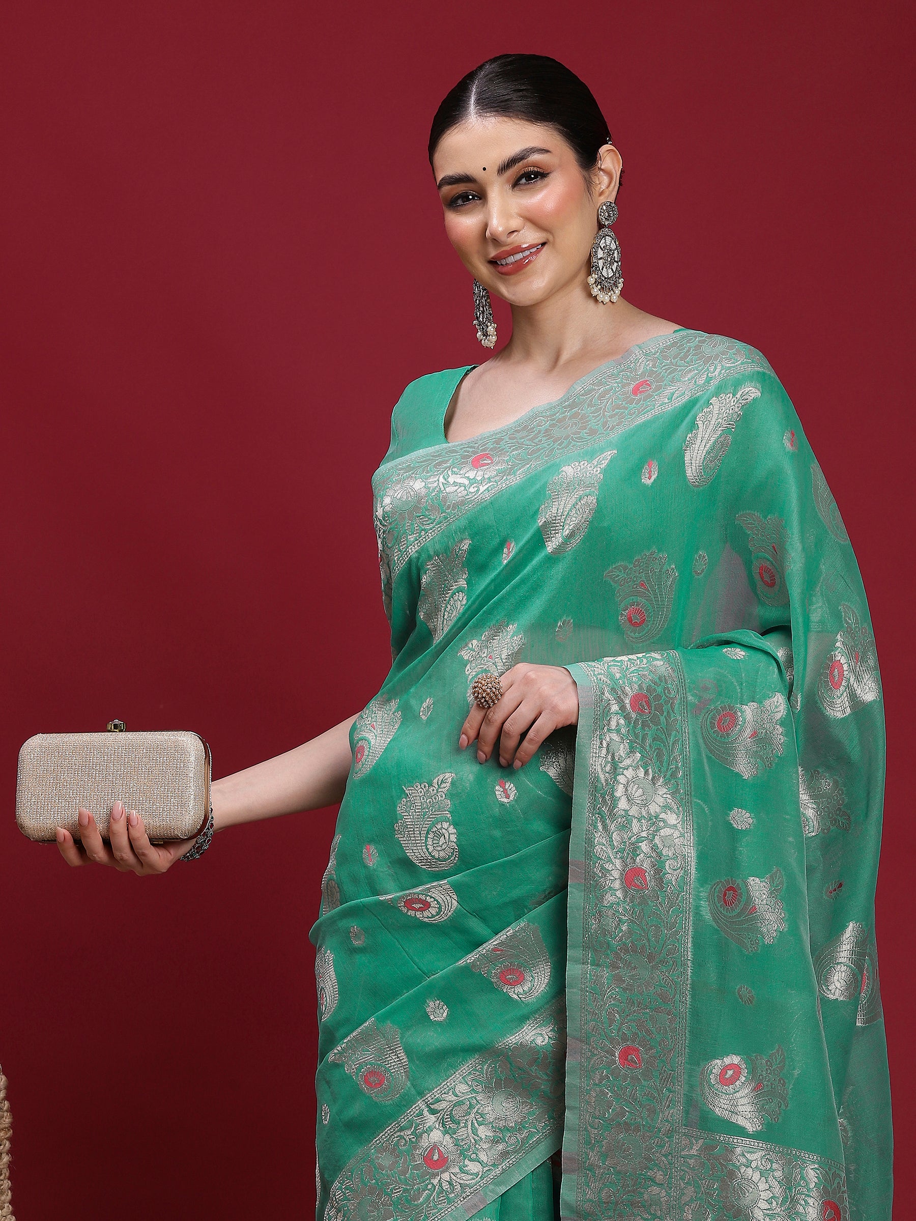 VANAYA-Elegant Emerald Green Silver Zari Saree with Floral Heritage Pallu Tassels