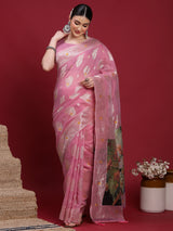 VANAYA-Graceful Dusty Pink Silver Zari Saree with Floral Heritage Pallu Tassels