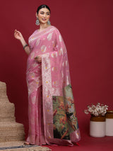 VANAYA-Graceful Dusty Pink Silver Zari Saree with Floral Heritage Pallu Tassels