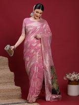 VANAYA-Graceful Dusty Pink Silver Zari Saree with Floral Heritage Pallu Tassels