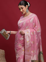 VANAYA-Graceful Dusty Pink Silver Zari Saree with Floral Heritage Pallu Tassels