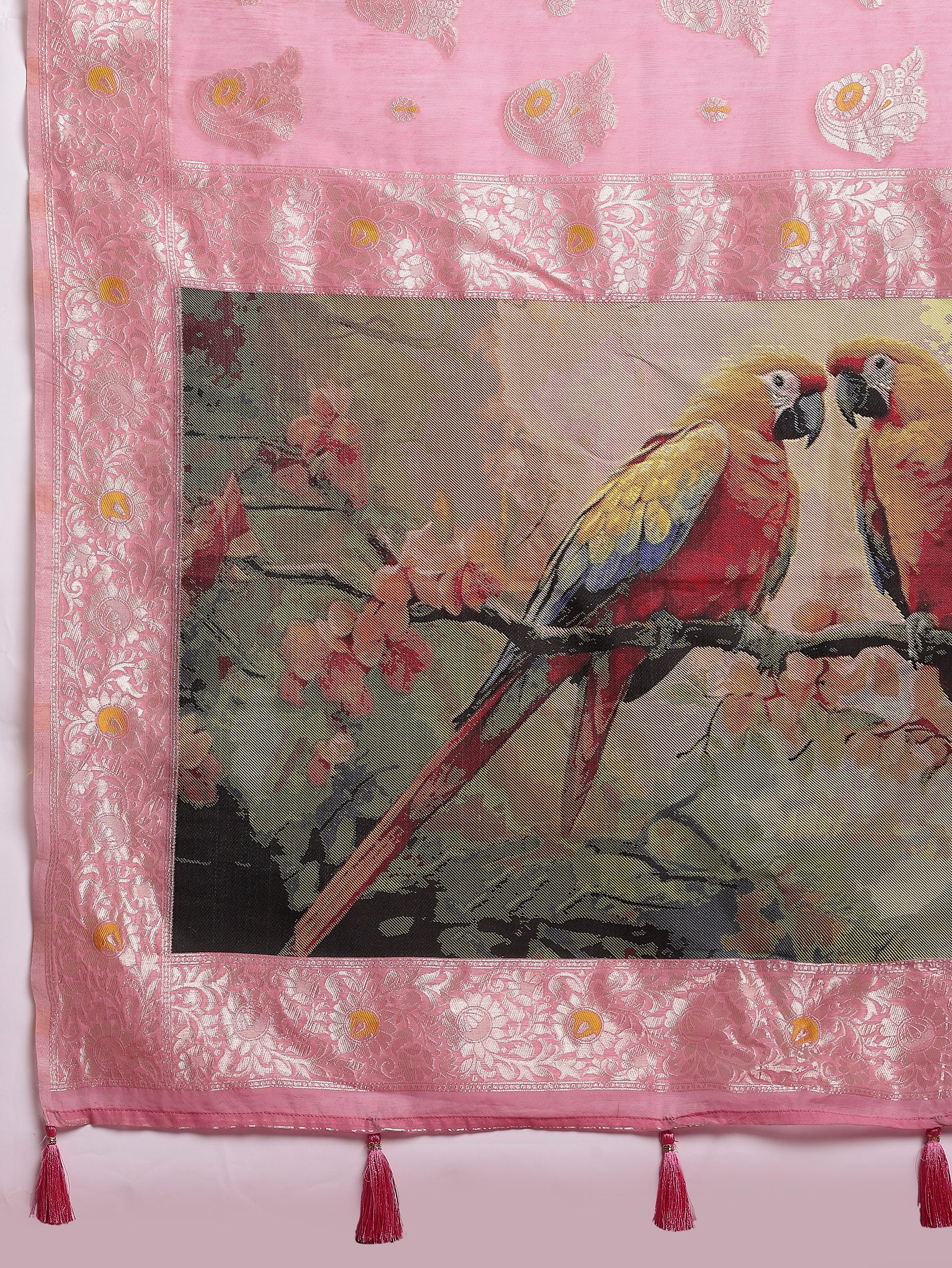 VANAYA-Graceful Dusty Pink Silver Zari Saree with Floral Heritage Pallu Tassels
