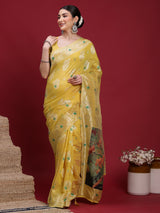 VANAYA-Royal Mustard Yellow Silver Zari Saree with Floral Heritage Pallu Tassels