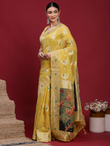 VANAYA-Royal Mustard Yellow Silver Zari Saree with Floral Heritage Pallu Tassels