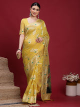 VANAYA-Royal Mustard Yellow Silver Zari Saree with Floral Heritage Pallu Tassels