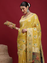 VANAYA-Royal Mustard Yellow Silver Zari Saree with Floral Heritage Pallu Tassels