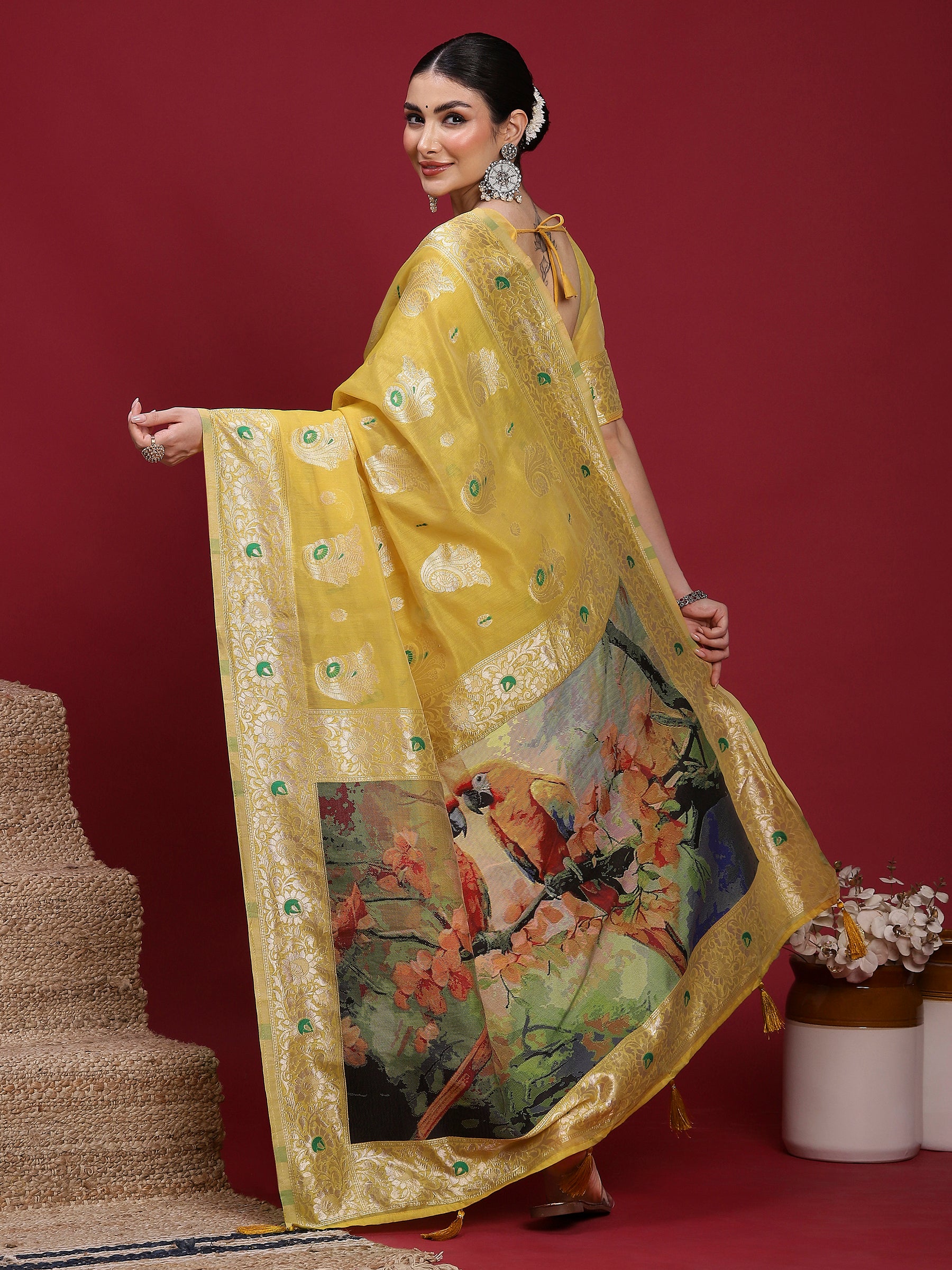 VANAYA-Royal Mustard Yellow Silver Zari Saree with Floral Heritage Pallu Tassels
