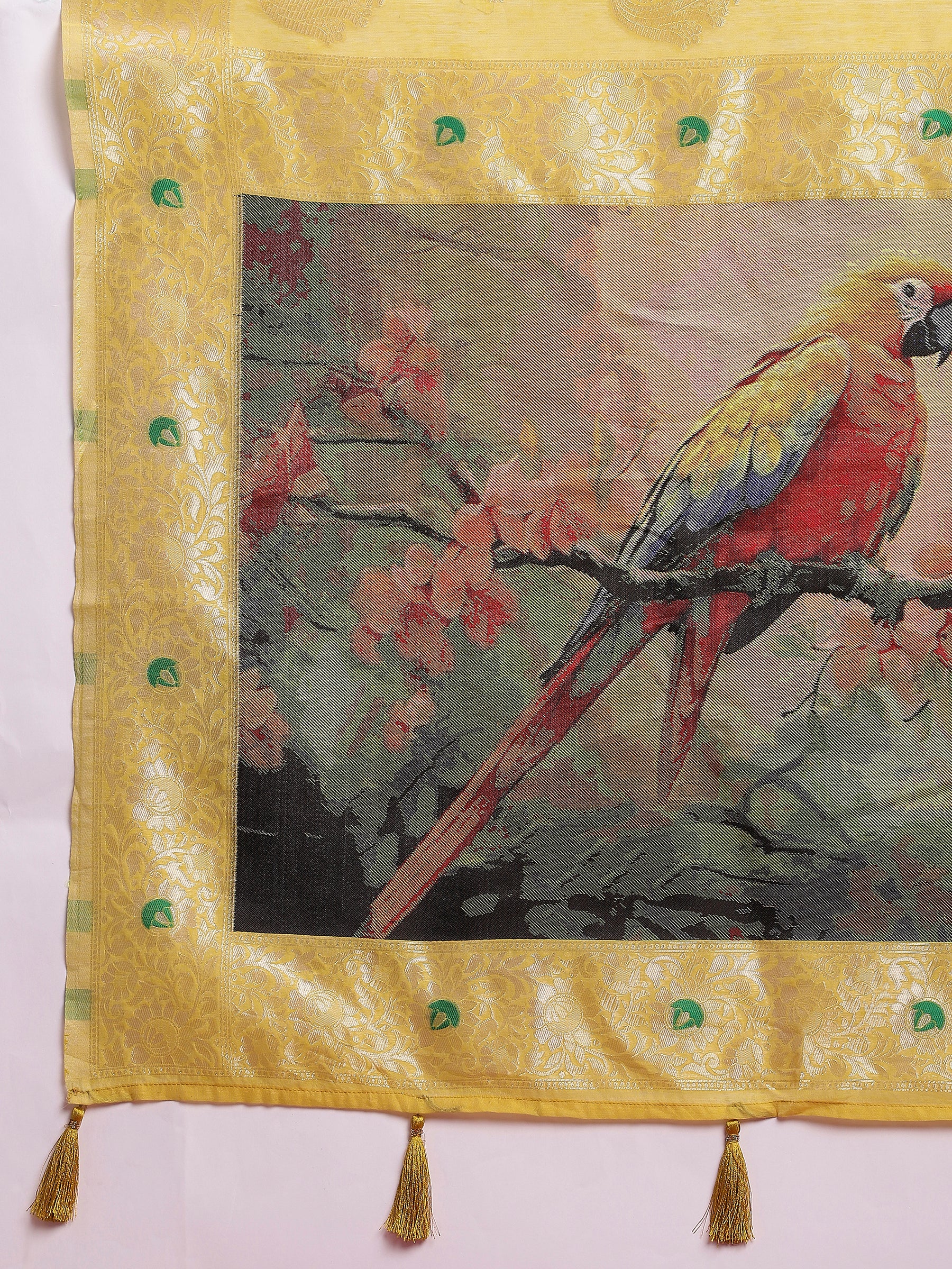 VANAYA-Royal Mustard Yellow Silver Zari Saree with Floral Heritage Pallu Tassels