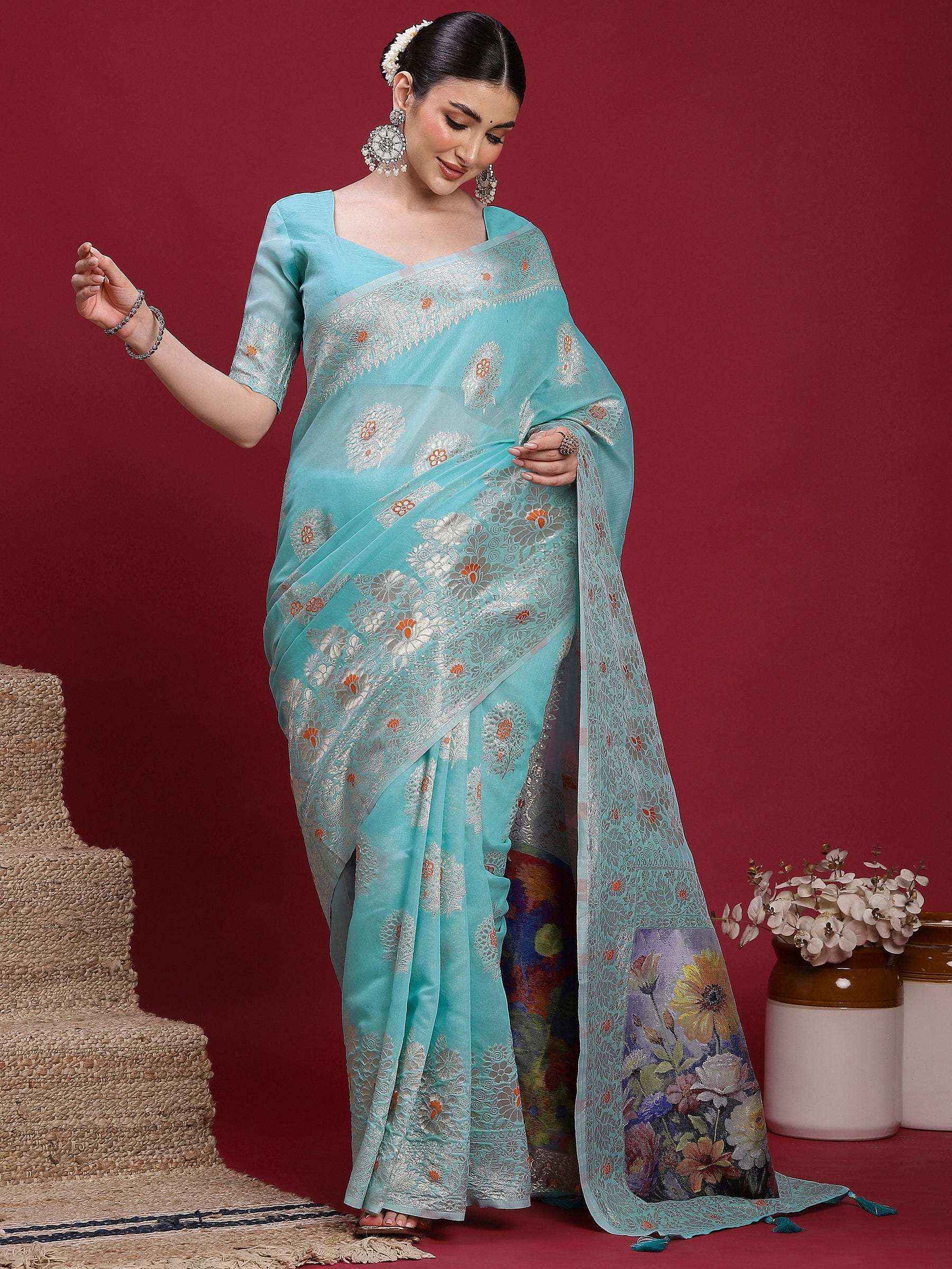 VANAYA Aqua Bloom Silver Weave Saree