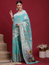 VANAYA Aqua Bloom Silver Weave Saree