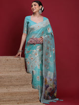 VANAYA Aqua Bloom Silver Weave Saree