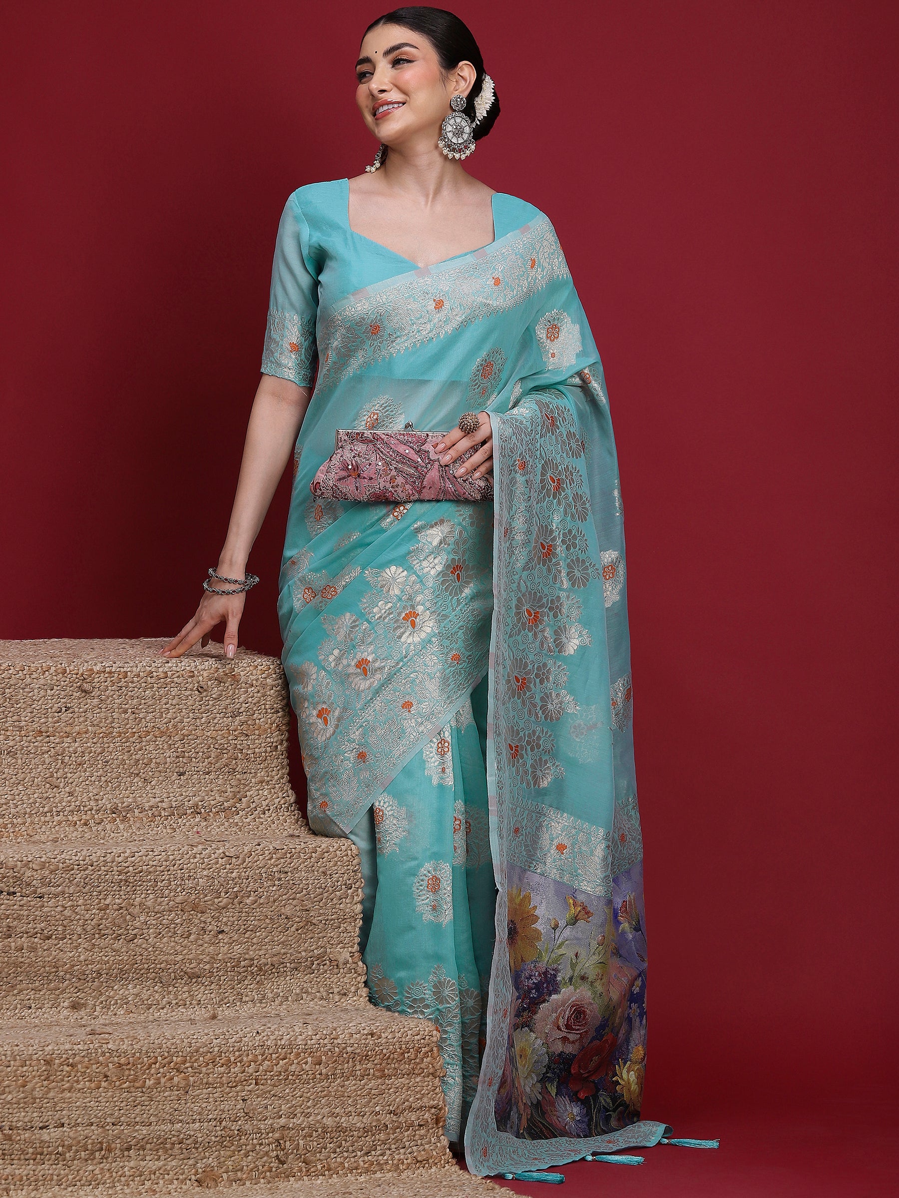 VANAYA Aqua Bloom Silver Weave Saree