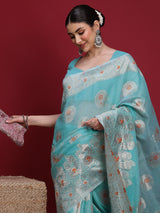 VANAYA Aqua Bloom Silver Weave Saree