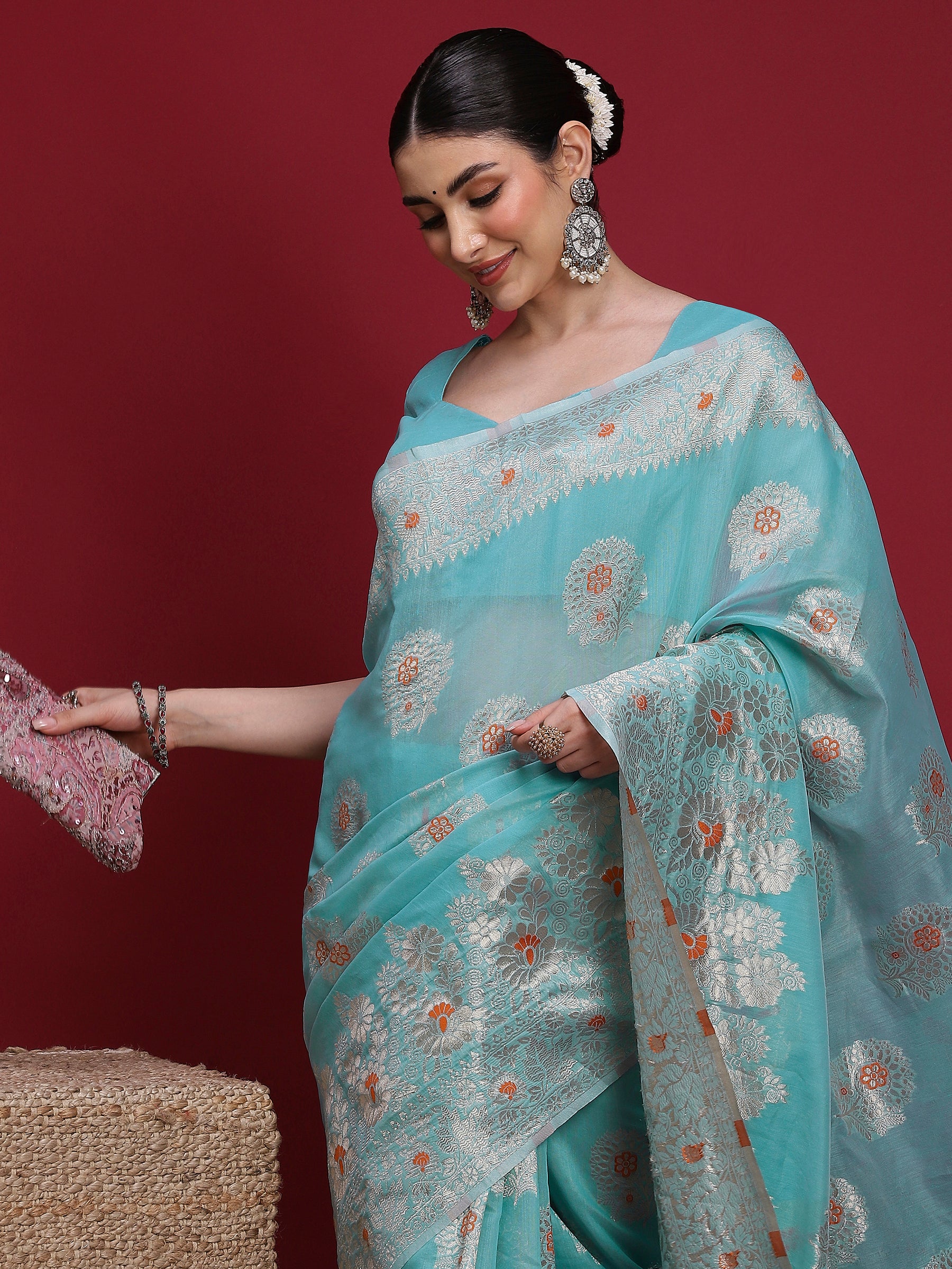 VANAYA Aqua Bloom Silver Weave Saree