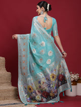 VANAYA Aqua Bloom Silver Weave Saree