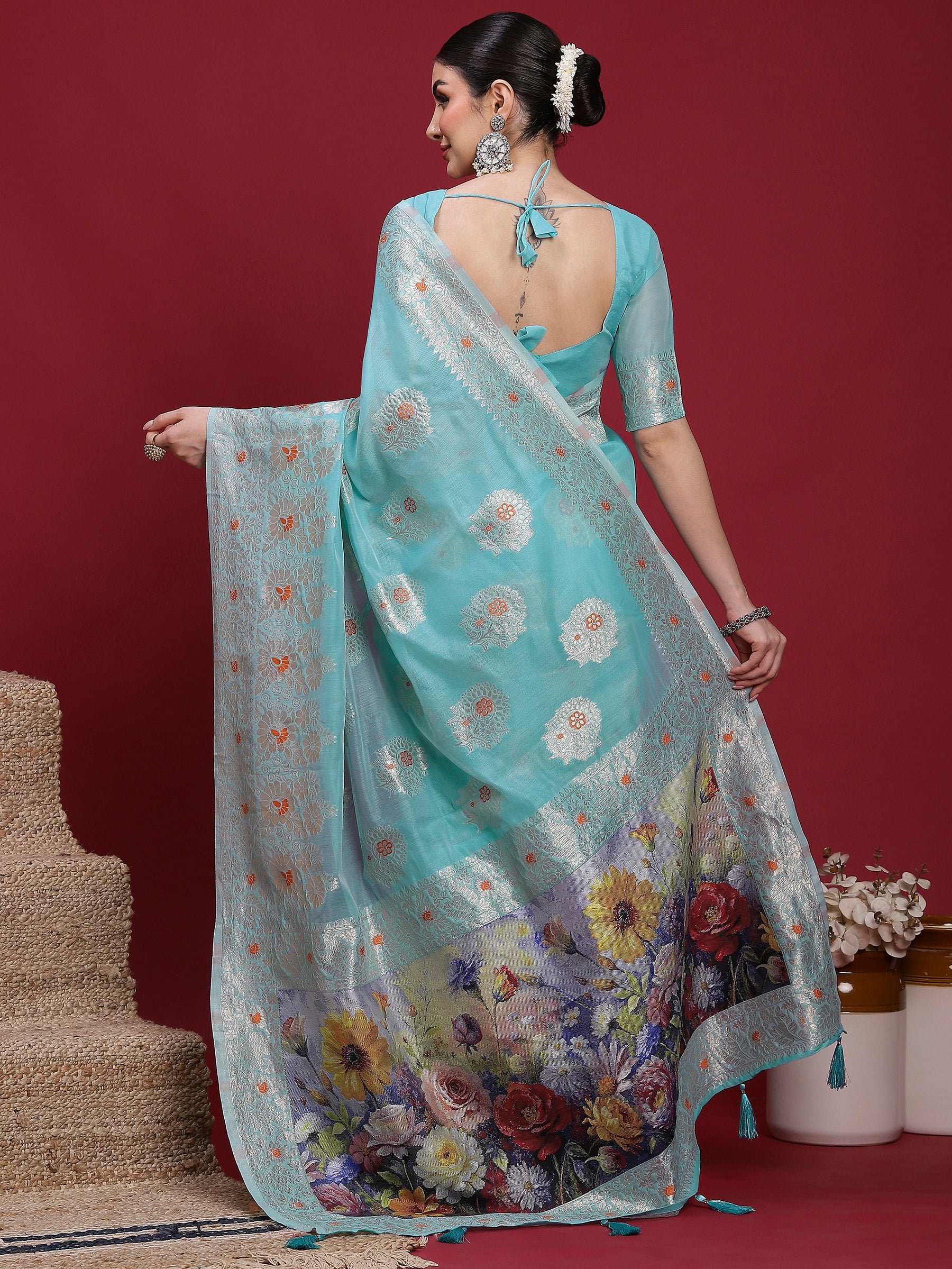 VANAYA Aqua Bloom Silver Weave Saree