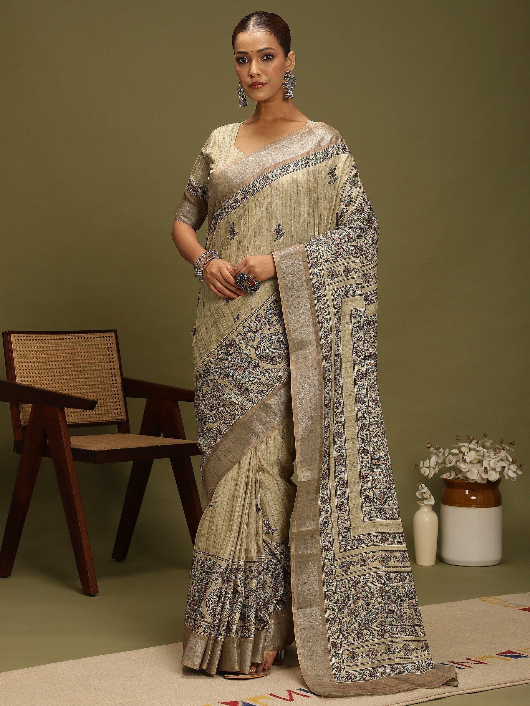 VANIKA PRINT-`Elegant Beige Madhubani Printed Linen Saree with Floral Heritage Border