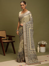 VANIKA PRINT-`Elegant Beige Madhubani Printed Linen Saree with Floral Heritage Border