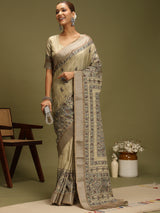 VANIKA PRINT-`Elegant Beige Madhubani Printed Linen Saree with Floral Heritage Border