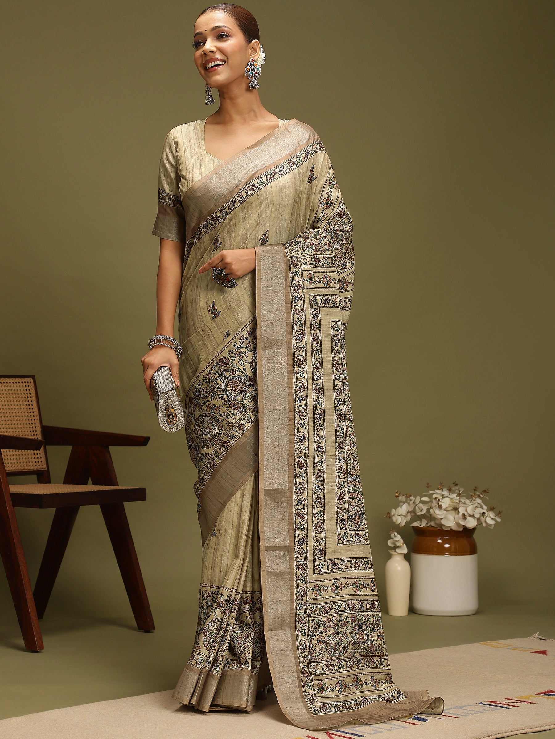 VANIKA PRINT-`Elegant Beige Madhubani Printed Linen Saree with Floral Heritage Border